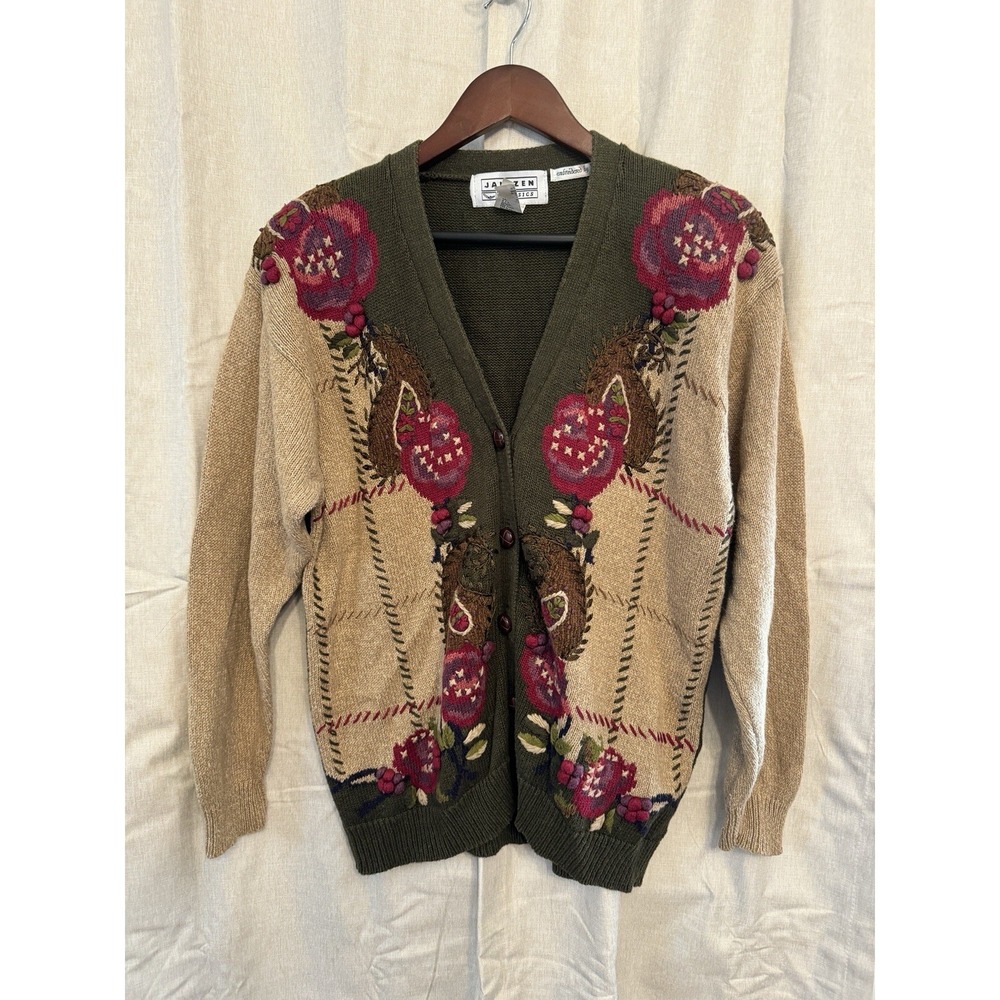 Jantzen Sweater Women's‎ Vintage Cardigan Hand Embroidered Beige Green Large